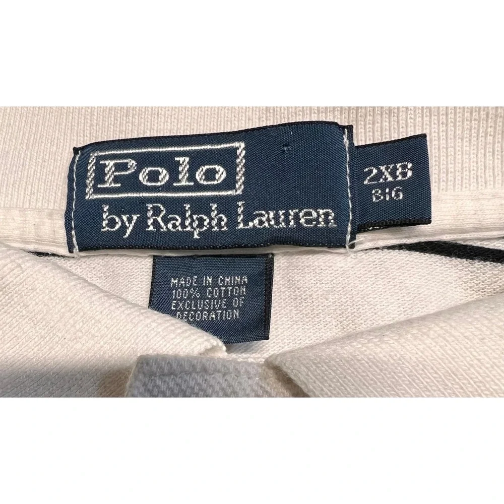 Polo Ralph Lauren Mens 2XB Big White Navy‎ Blue Striped Cotton Pique Polo Shirt
